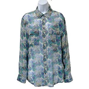 Equipment Femme Top Womens Med Green Multi Silk Sheer Floral Button Up Feminine